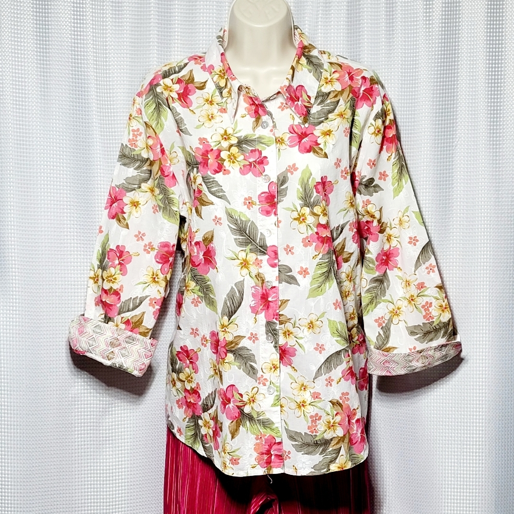 Vintage Alfred Dunner Hawaiian Hibiscus Floral Button-Up Blouse Women's (16W)